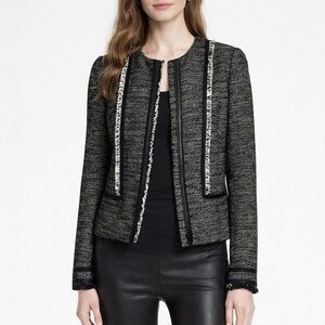 Vince Black Leather Trim Boucle Long Sleeve Black Blazer Jacket XS (0)
